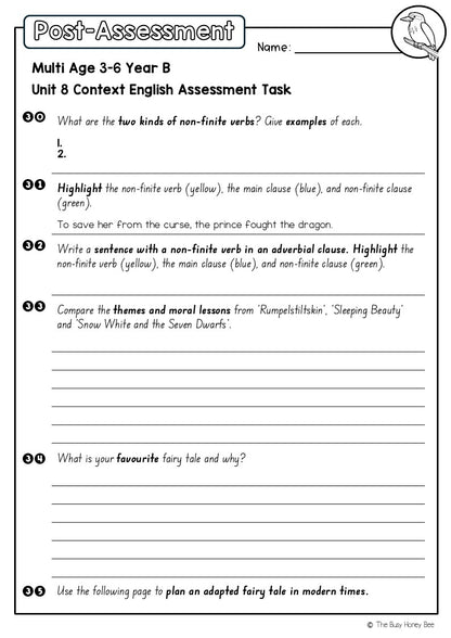 Multi Age 3-6 Year B English Pre- and Post-Assessment Unit 8 Context