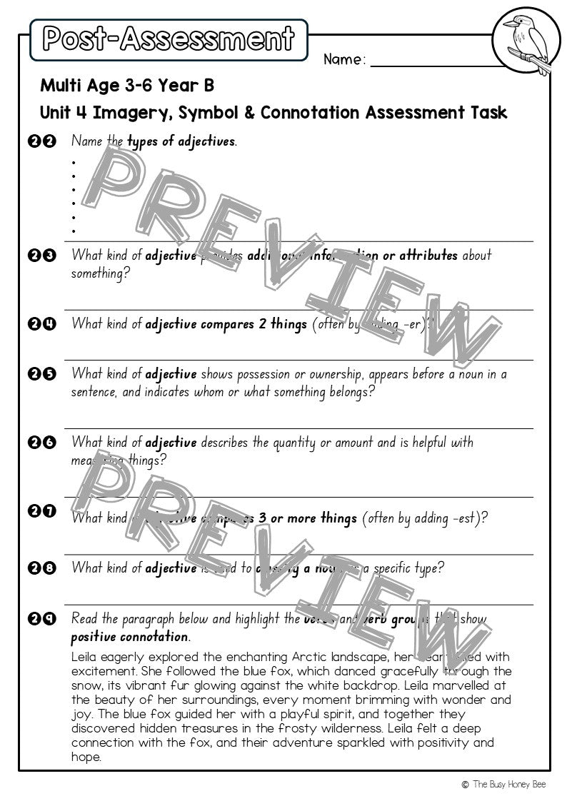 Multi Age 3-6 Year B English Pre- and Post-Assessment Unit 4 Imagery, symbol and connotation