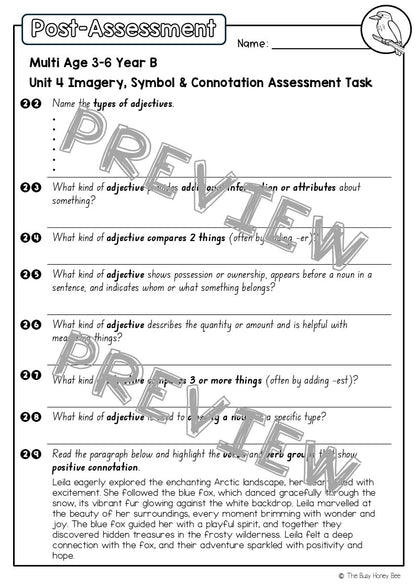 Multi Age 3-6 Year B English Pre- and Post-Assessment Unit 4 Imagery, symbol and connotation