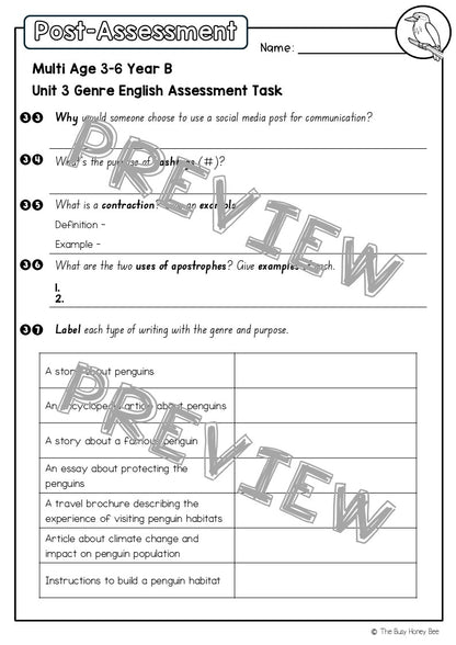 Multi Age 3-6 Year B English Pre- and Post-Assessment Unit 3 Genre