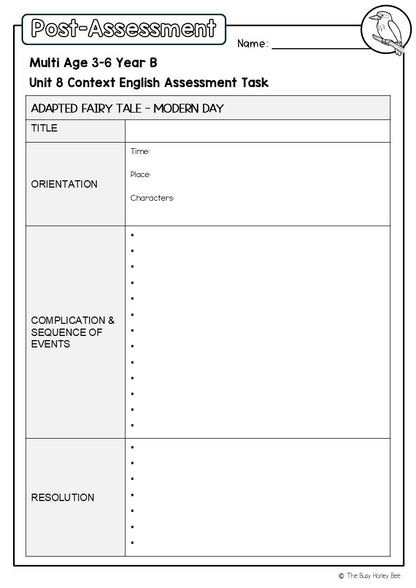 Multi Age 3-6 Year B English Pre- and Post-Assessment Unit 8 Context