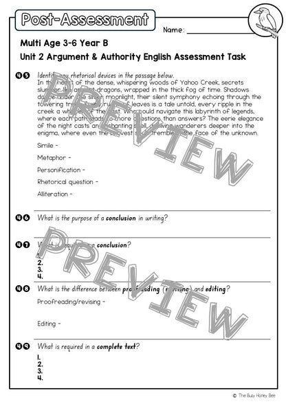 Multi Age 3-6 Year B English Pre- and Post-Assessment Unit 2 Argument and Authority