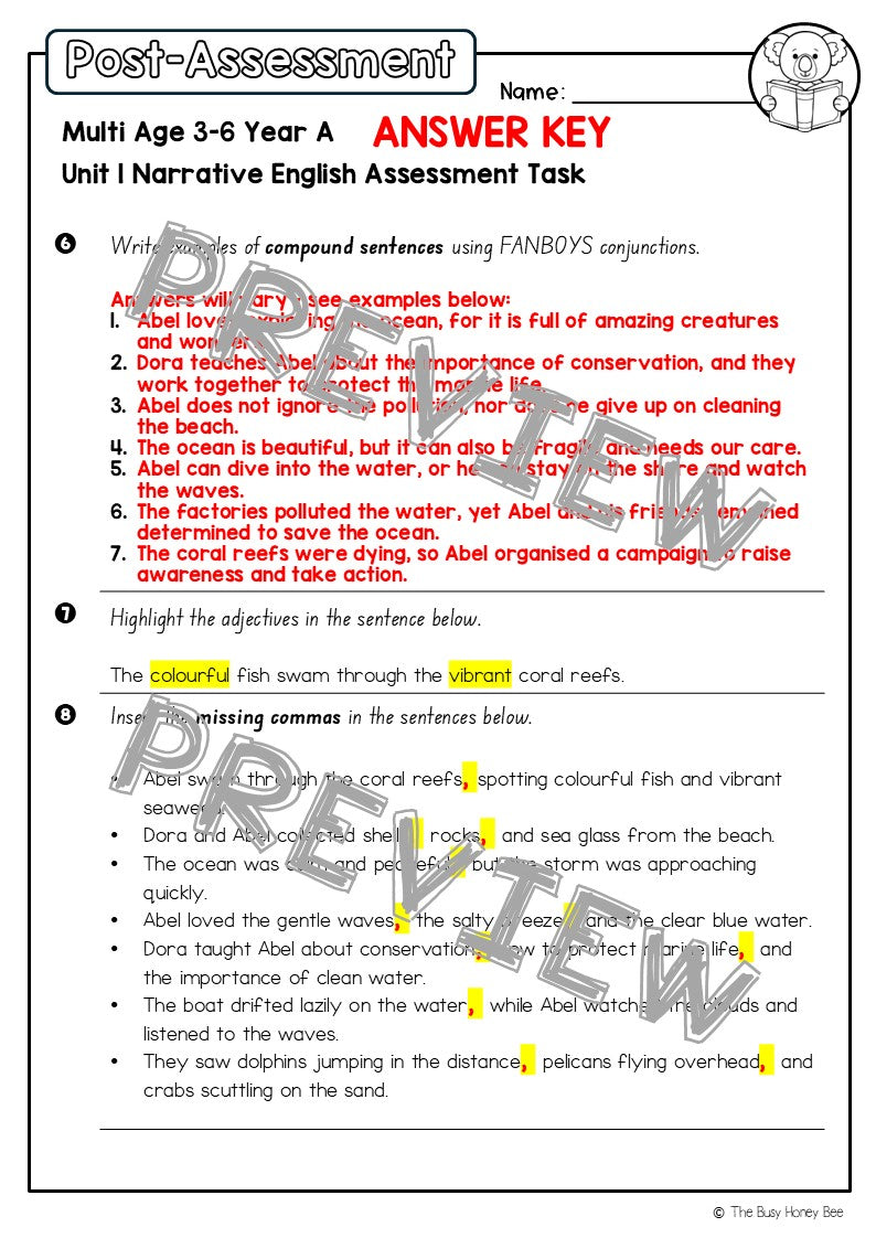 Multi Age 3-6 Year A English Pre- and Post-Assessment Unit 1 Narrative