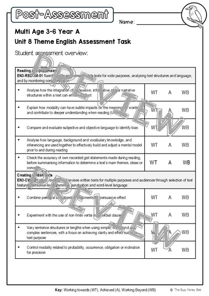 Multi Age 3-6 Year A English Pre- and Post-Assessment Unit 8 Theme