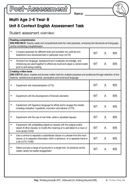 Multi Age 3-6 Year B English Pre- and Post-Assessment Unit 8 Context