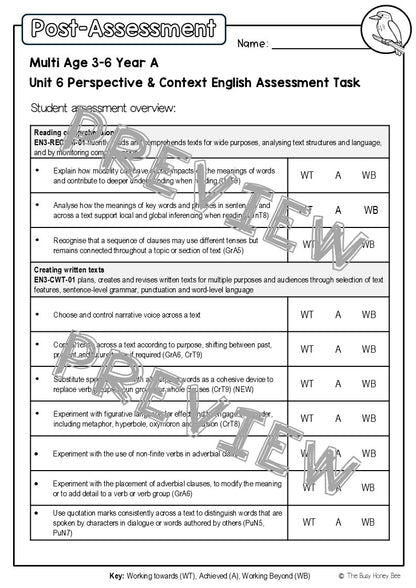 Multi Age 3-6 Year A English Pre- and Post-Assessment Unit 6 Perspective and Context