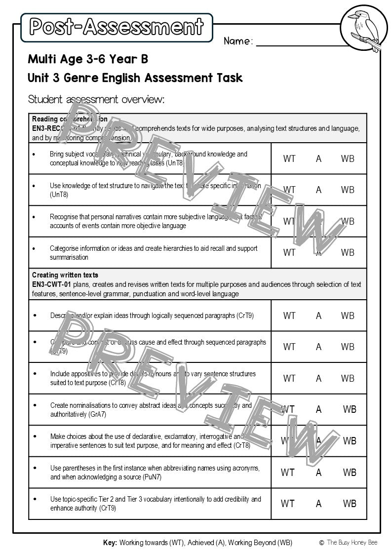 Multi Age 3-6 Year B English Pre- and Post-Assessment Unit 3 Genre