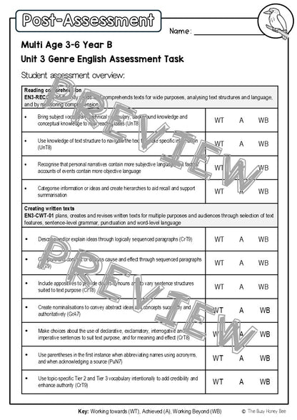 Multi Age 3-6 Year B English Pre- and Post-Assessment Unit 3 Genre