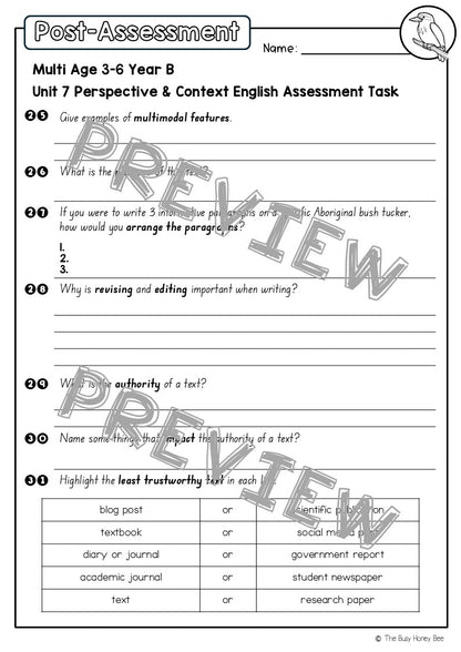 Multi Age 3-6 Year B English Pre- and Post-Assessment Unit 7 Perspective & Context