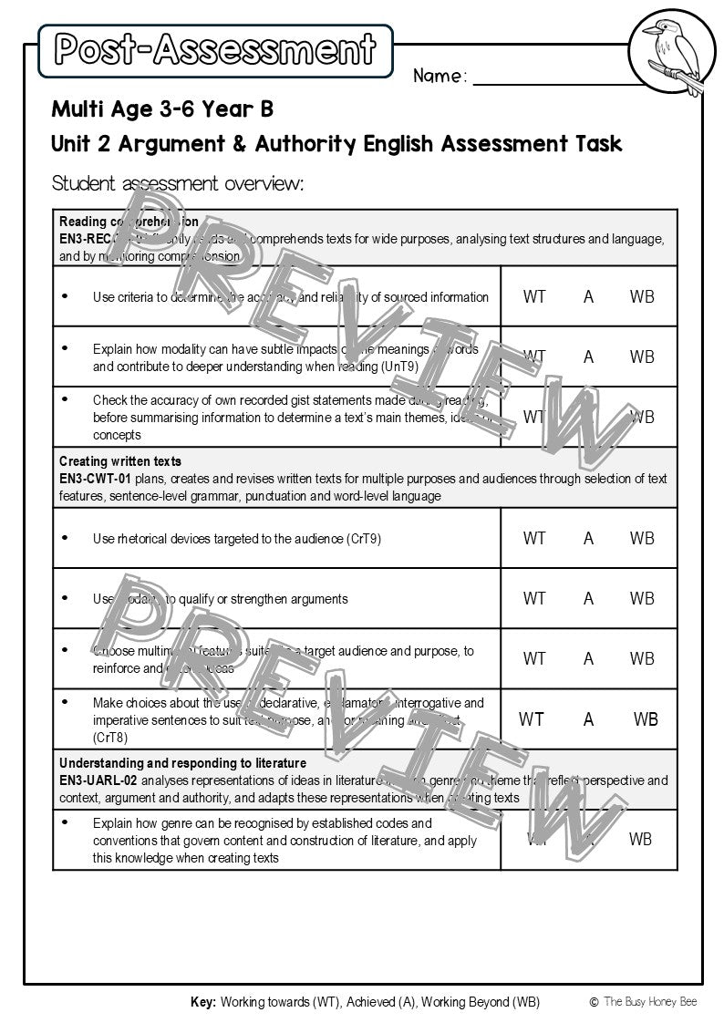 Multi Age 3-6 Year B English Pre- and Post-Assessment Unit 2 Argument and Authority