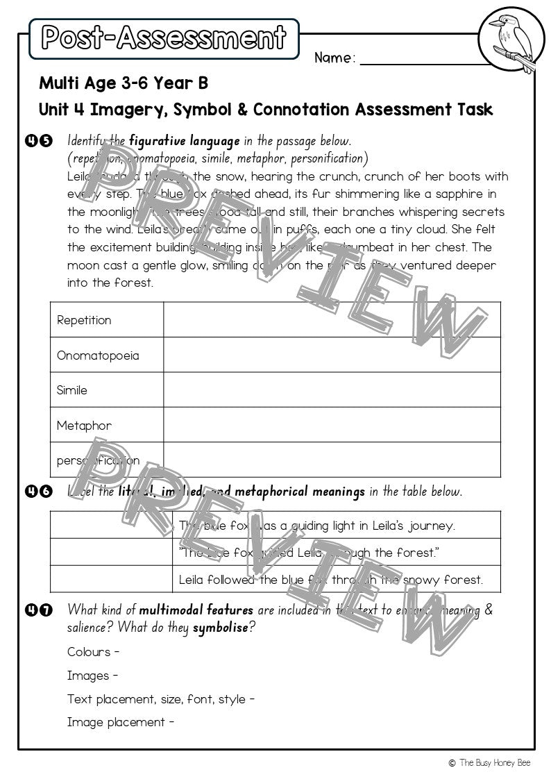 Multi Age 3-6 Year B English Pre- and Post-Assessment Unit 4 Imagery, symbol and connotation