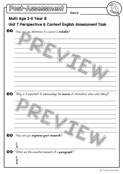 Multi Age 3-6 Year B English Pre- and Post-Assessment Unit 7 Perspective & Context