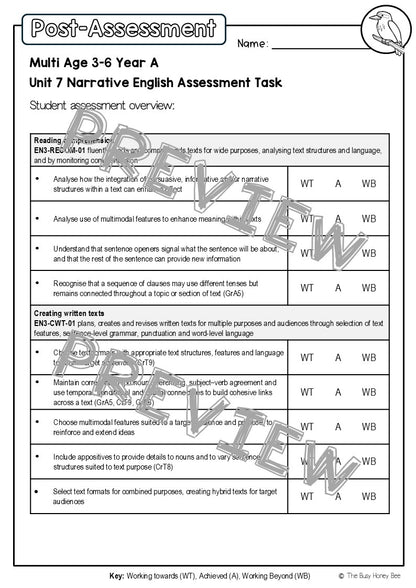 Multi Age 3-6 Year A English Pre- and Post-Assessment Unit 7 Narrative