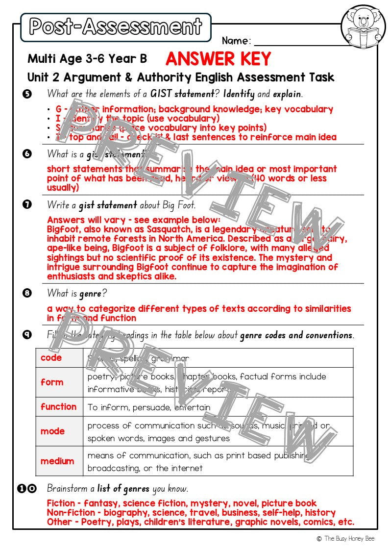 Multi Age 3-6 Year B English Pre- and Post-Assessment Unit 2 Argument and Authority