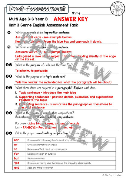 Multi Age 3-6 Year B English Pre- and Post-Assessment Unit 3 Genre