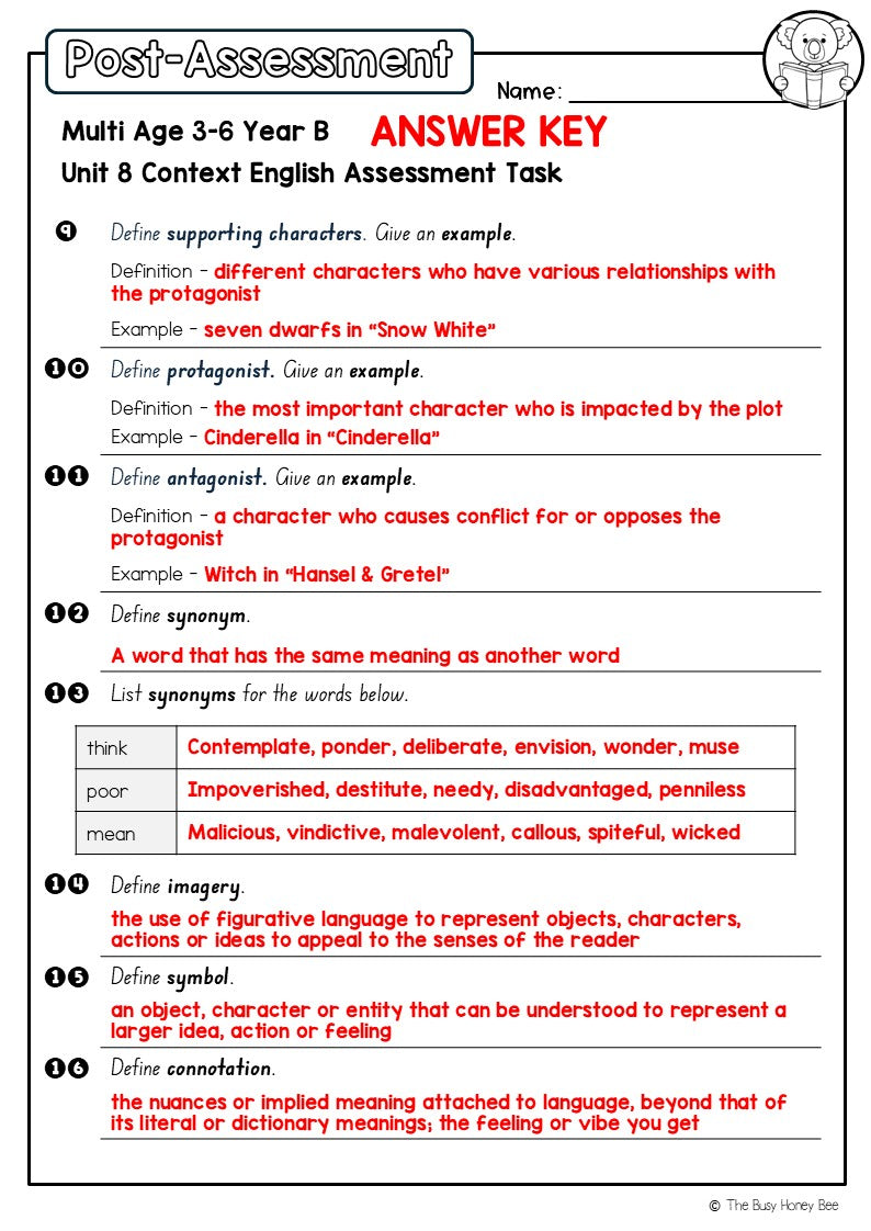 Multi Age 3-6 Year B English Pre- and Post-Assessment Unit 8 Context