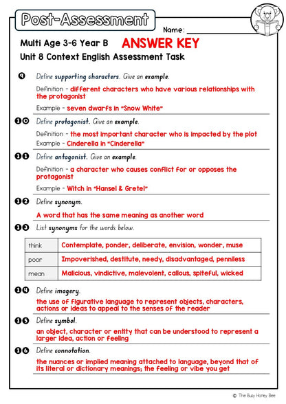 Multi Age 3-6 Year B English Pre- and Post-Assessment Unit 8 Context