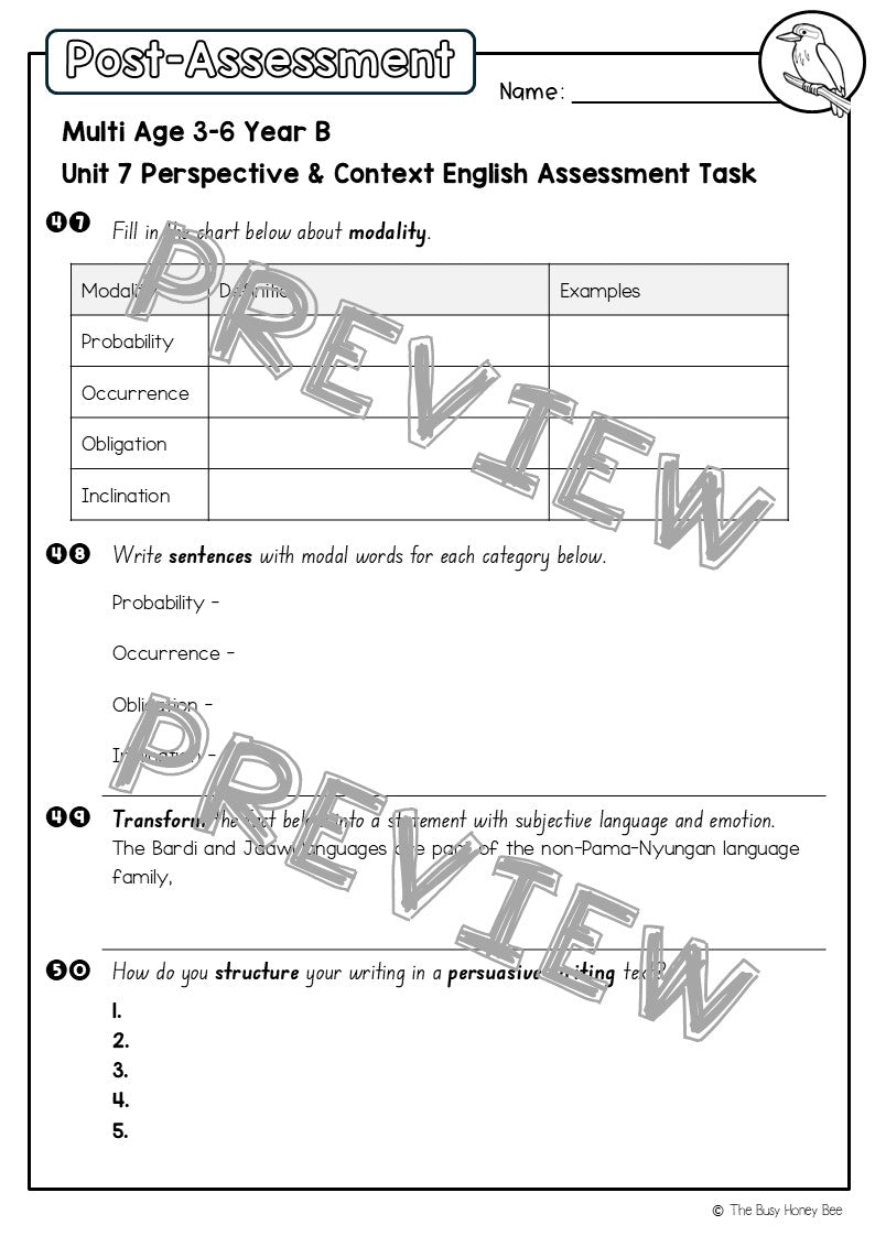 Multi Age 3-6 Year B English Pre- and Post-Assessment Unit 7 Perspective & Context