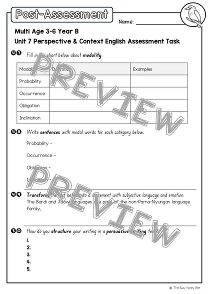 Multi Age 3-6 Year B English Pre- and Post-Assessment Unit 7 Perspective & Context