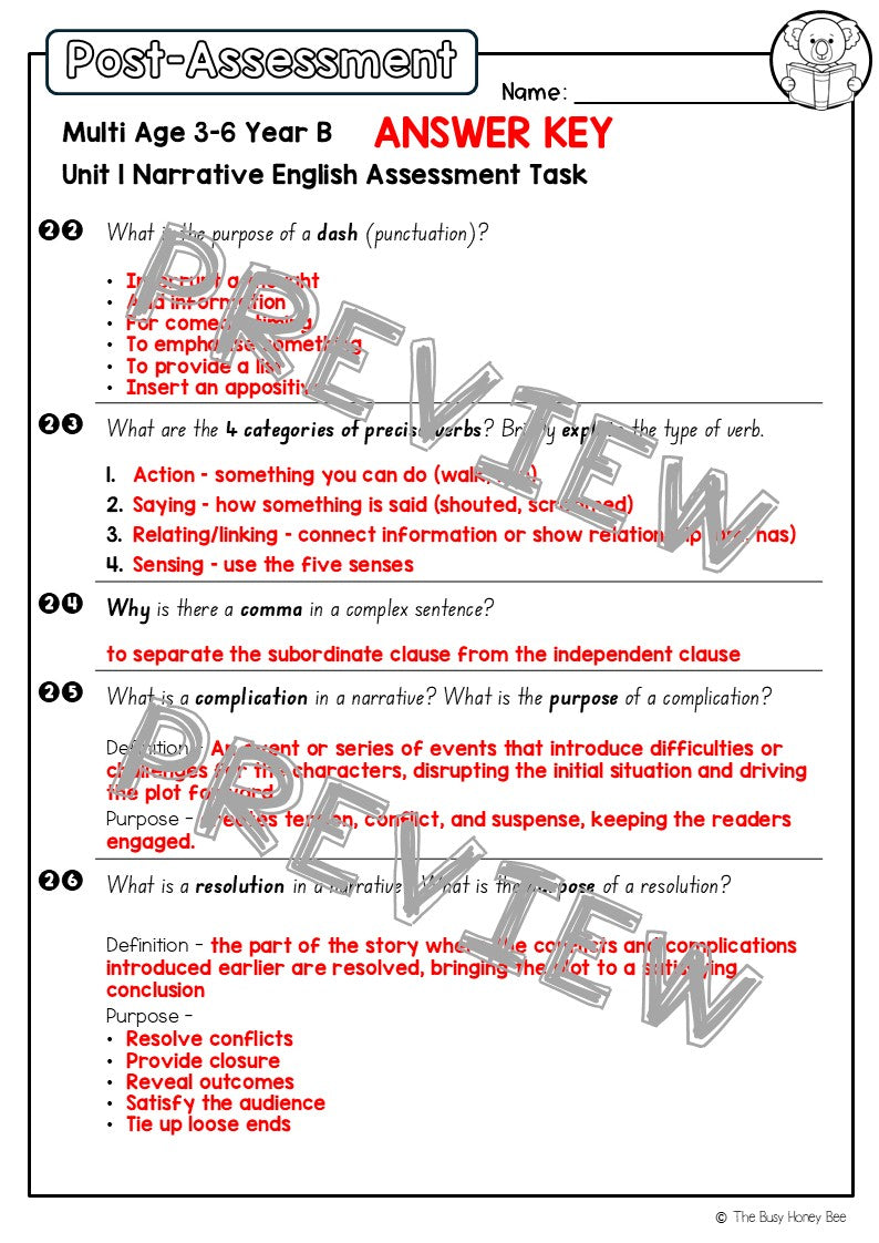 Multi Age 3-6 Year B English Pre- and Post-Assessment Unit 1 Narrative