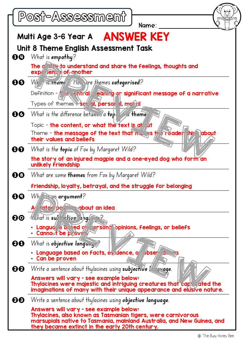 Multi Age 3-6 Year A English Pre- and Post-Assessment Unit 8 Theme