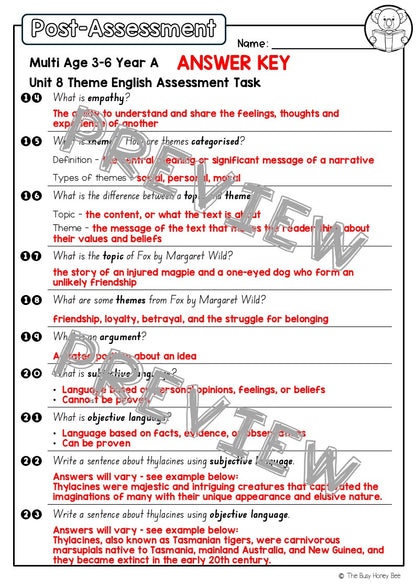 Multi Age 3-6 Year A English Pre- and Post-Assessment Unit 8 Theme