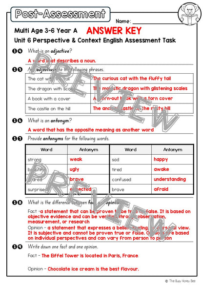 Multi Age 3-6 Year A English Pre- and Post-Assessment Unit 6 Perspective and Context