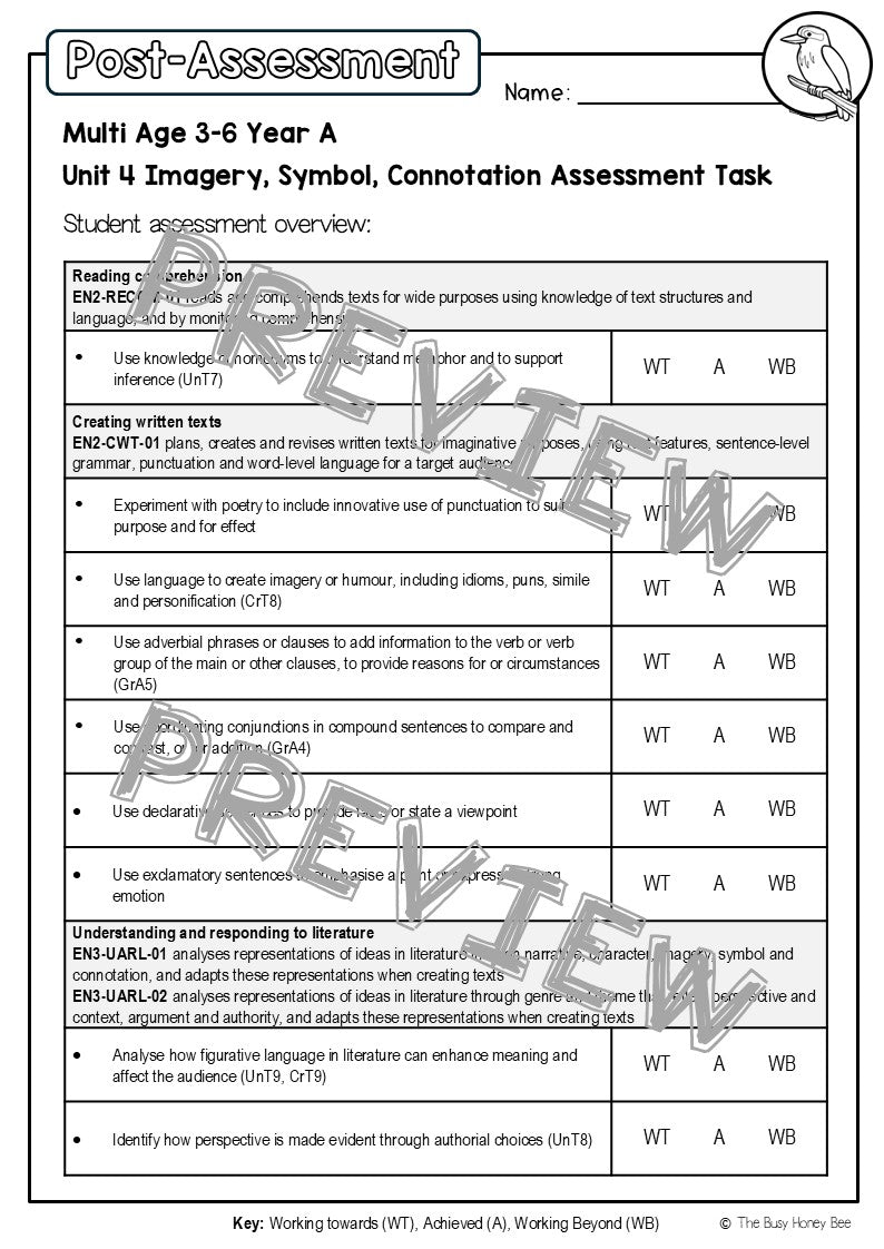 Multi Age 3-6 Year A English Pre- and Post-Assessment Unit 4 Imagery, symbol and connotation