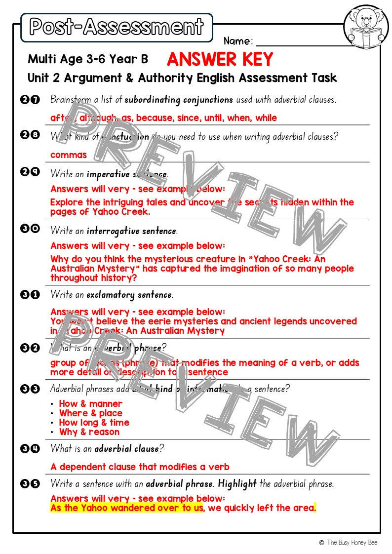 Multi Age 3-6 Year B English Pre- and Post-Assessment Unit 2 Argument and Authority