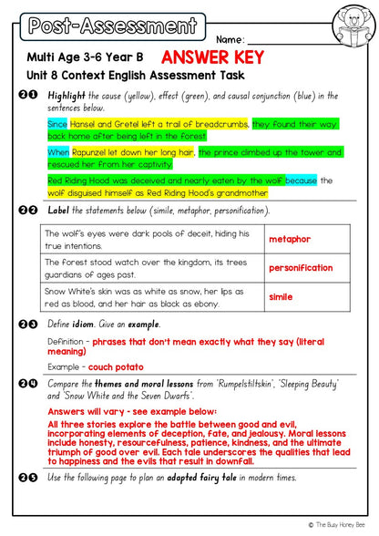 Multi Age 3-6 Year B English Pre- and Post-Assessment Unit 8 Context