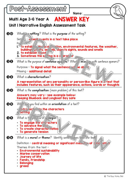 Multi Age 3-6 Year A English Pre- and Post-Assessment Unit 1 Narrative