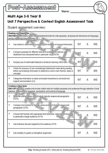 Multi Age 3-6 Year B English Pre- and Post-Assessment Unit 7 Perspective & Context