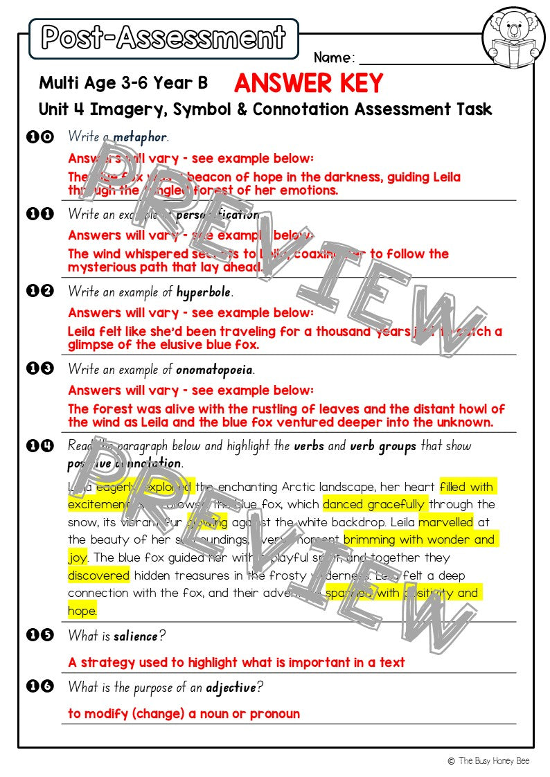 Multi Age 3-6 Year B English Pre- and Post-Assessment Unit 4 Imagery, symbol and connotation