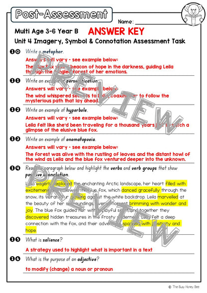 Multi Age 3-6 Year B English Pre- and Post-Assessment Unit 4 Imagery, symbol and connotation