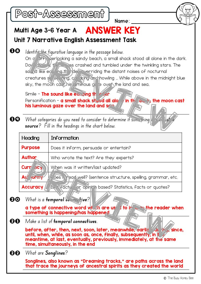 Multi Age 3-6 Year A English Pre- and Post-Assessment Unit 7 Narrative