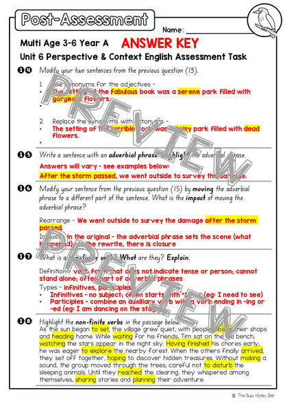 Multi Age 3-6 Year A English Pre- and Post-Assessment Unit 6 Perspective and Context