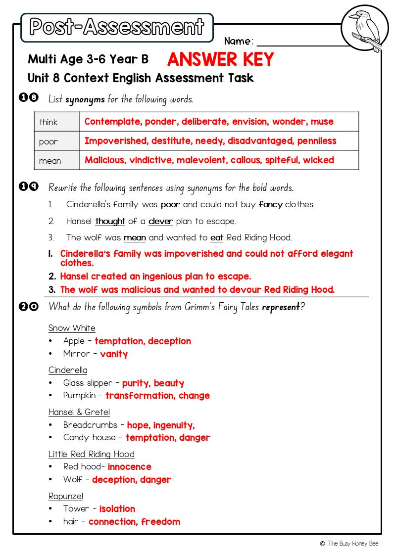 Multi Age 3-6 Year B English Pre- and Post-Assessment Unit 8 Context