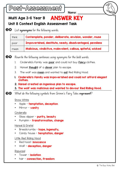 Multi Age 3-6 Year B English Pre- and Post-Assessment Unit 8 Context