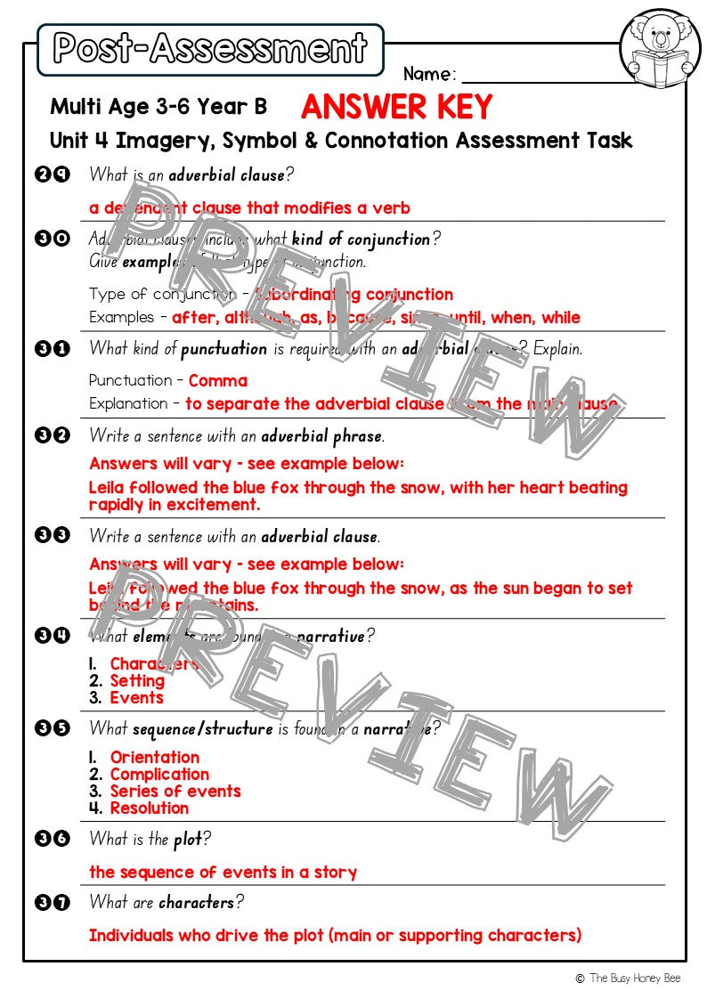 Multi Age 3-6 Year B English Pre- and Post-Assessment Unit 4 Imagery, symbol and connotation