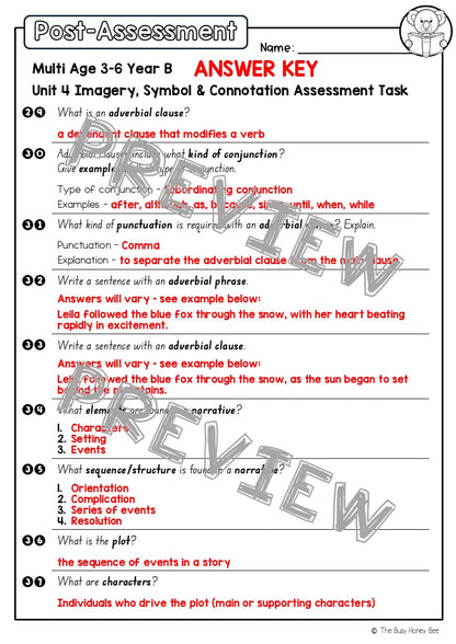 Multi Age 3-6 Year B English Pre- and Post-Assessment Unit 4 Imagery, symbol and connotation