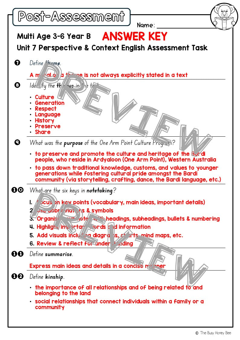 Multi Age 3-6 Year B English Pre- and Post-Assessment Unit 7 Perspective & Context