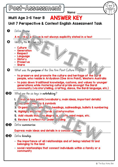 Multi Age 3-6 Year B English Pre- and Post-Assessment Unit 7 Perspective & Context