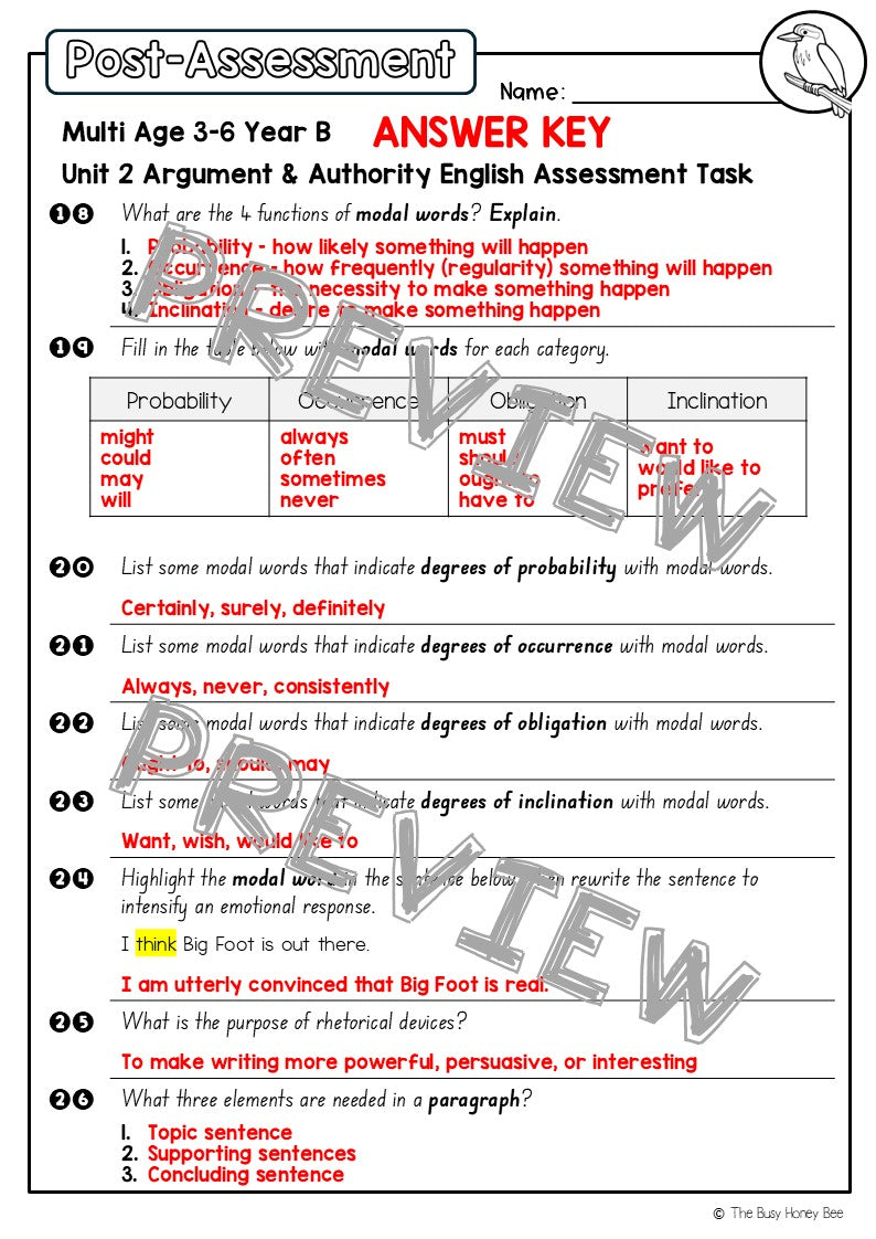 Multi Age 3-6 Year B English Pre- and Post-Assessment Unit 2 Argument and Authority