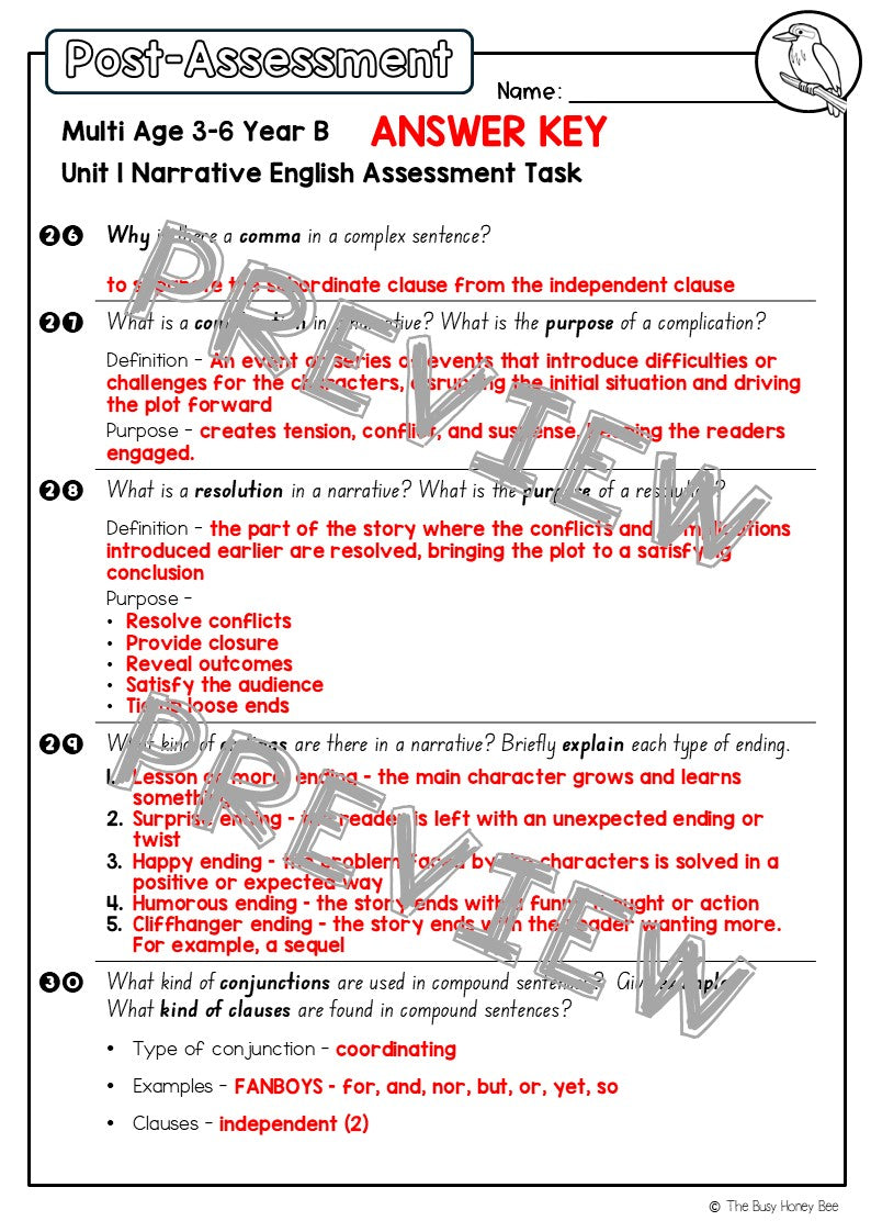 Multi Age 3-6 Year B English Pre- and Post-Assessment Unit 1 Narrative