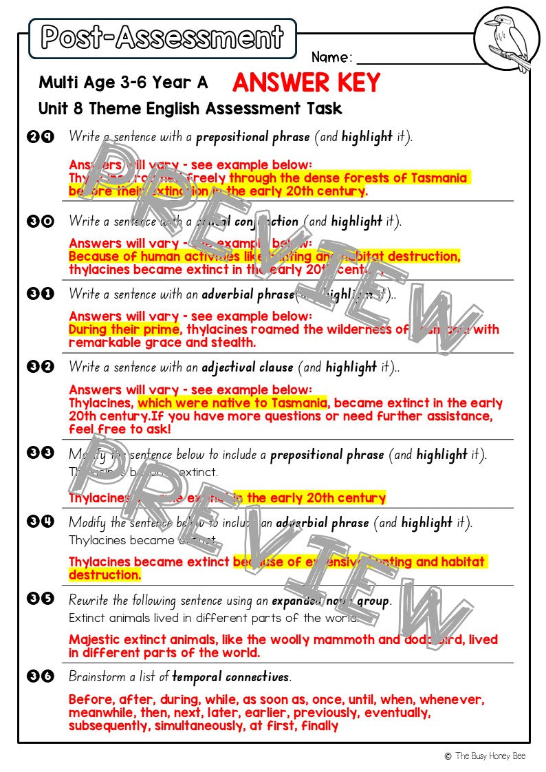 Multi Age 3-6 Year A English Pre- and Post-Assessment Unit 8 Theme