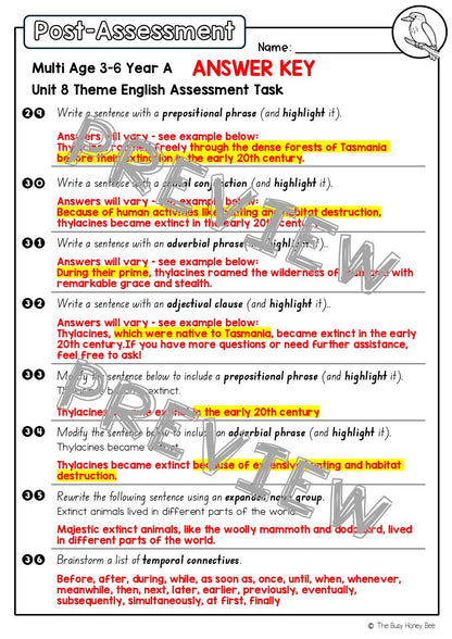 Multi Age 3-6 Year A English Pre- and Post-Assessment Unit 8 Theme