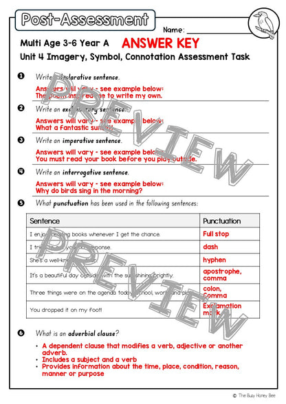 Multi Age 3-6 Year A English Pre- and Post-Assessment Unit 4 Imagery, symbol and connotation