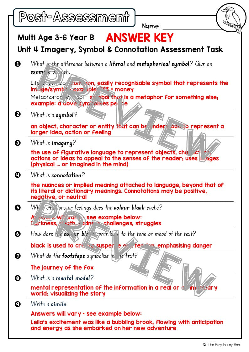 Multi Age 3-6 Year B English Pre- and Post-Assessment Unit 4 Imagery, symbol and connotation