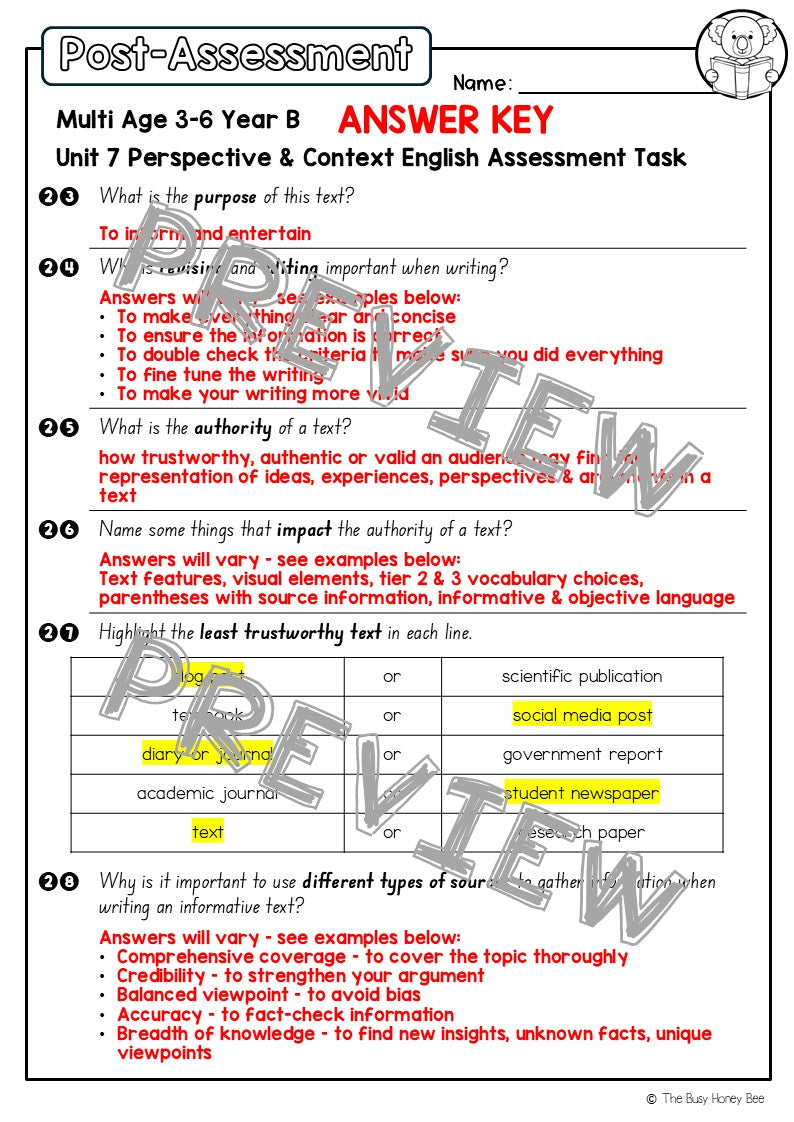 Multi Age 3-6 Year B English Pre- and Post-Assessment Unit 7 Perspective & Context