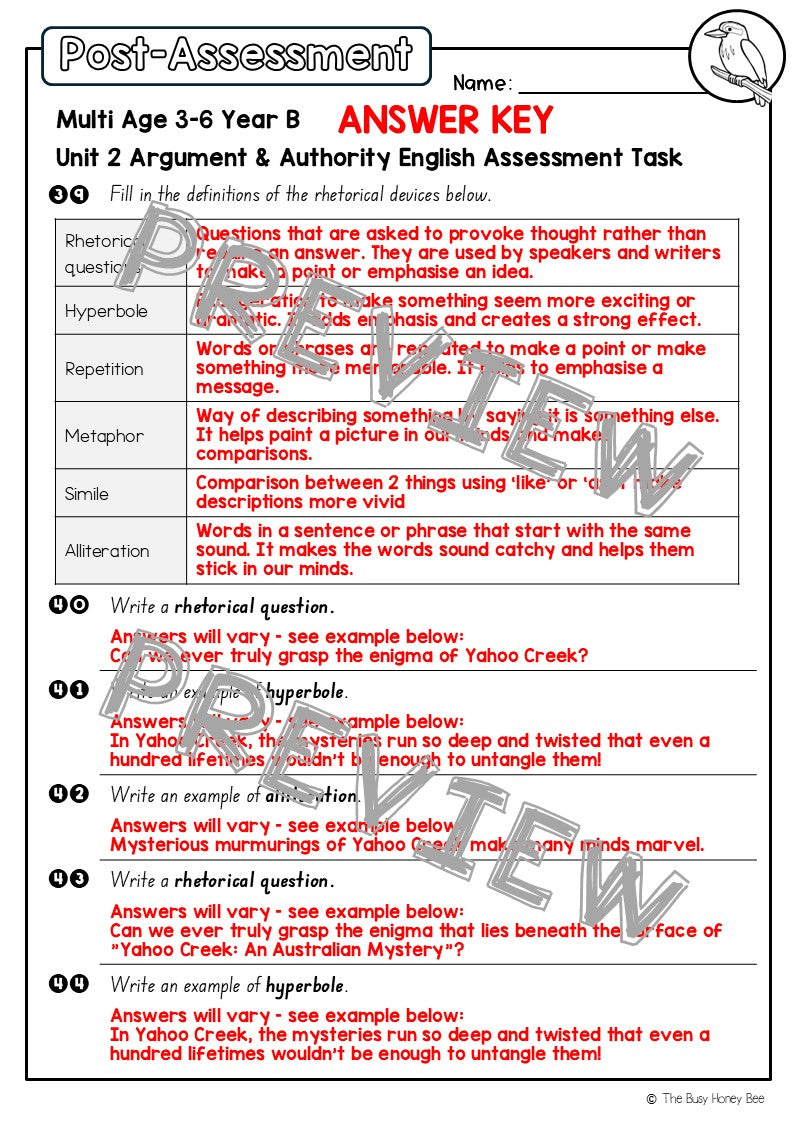 Multi Age 3-6 Year B English Pre- and Post-Assessment Unit 2 Argument and Authority